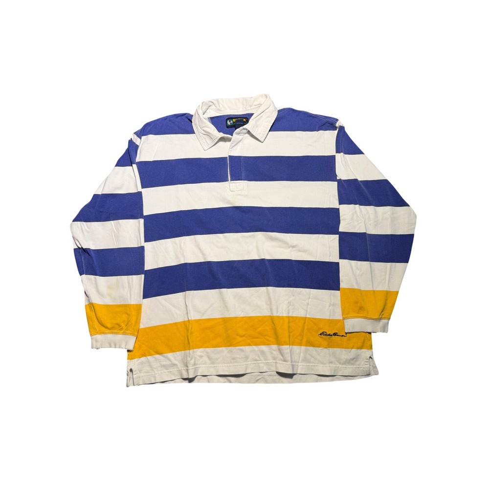 Vintage Eddie Bauer EBTEK Rugby Shirt Mens XL Blue Yellow Striped Long Sleeve